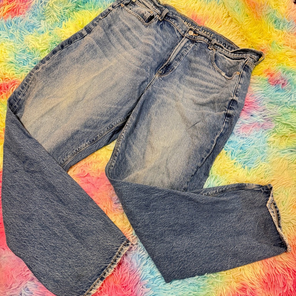 American Eagle Super High-Rise Straight Women 18 Blue Stretch Frayed Hem